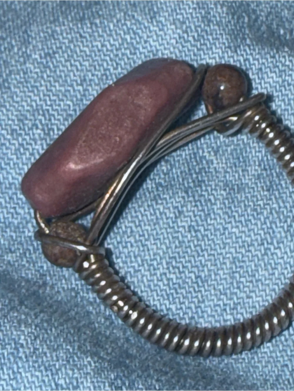 Vintage Artisan Sterling Silver Wire-Wrapped Ring w Natural Pink Rhodonite Stone